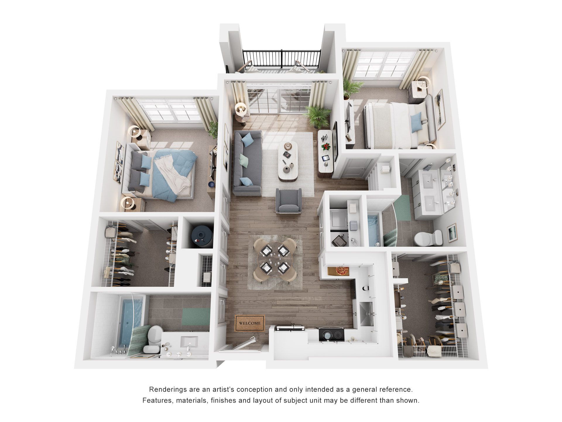 Floor plan for 2 beds, 2 baths, 1050 sqft